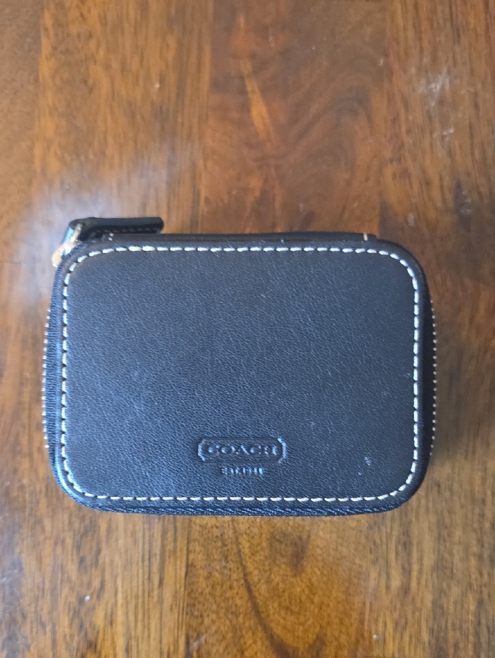 Coach Black Leather Zip Pouch with White Stitching